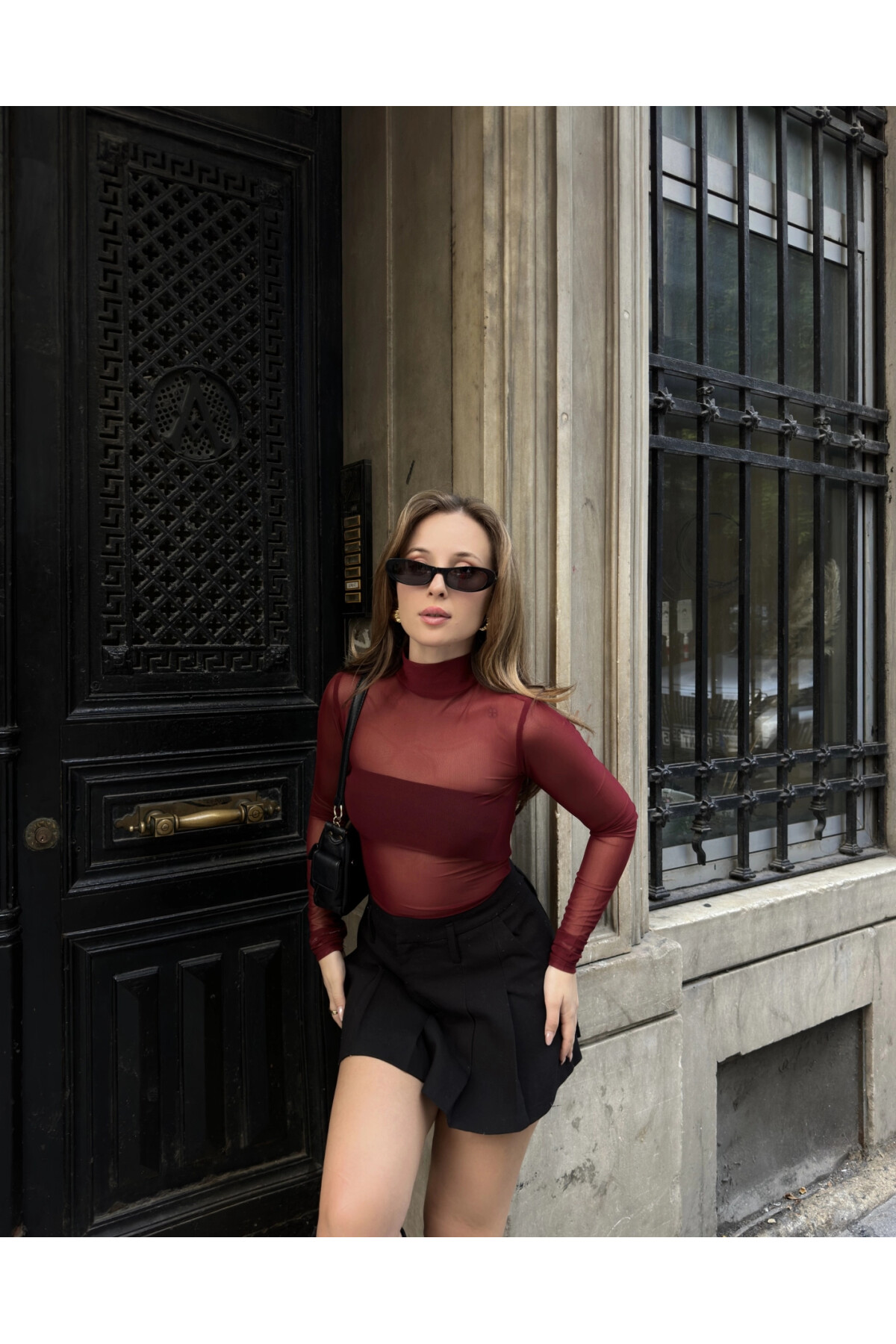 Kadın Bordo Boğazlı Tül Yılbaşına Özel Bluz (ZCK0201)