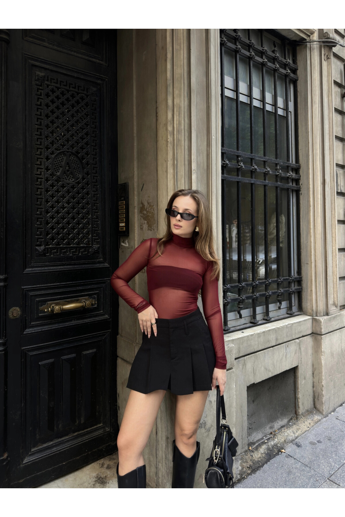 Kadın Bordo Boğazlı Tül Yılbaşına Özel Bluz (ZCK0201)