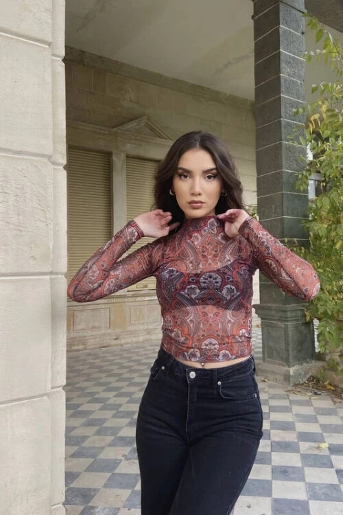 Kadın Bordo Desenli Boğazlı Tül Bluz (ZCK0201)