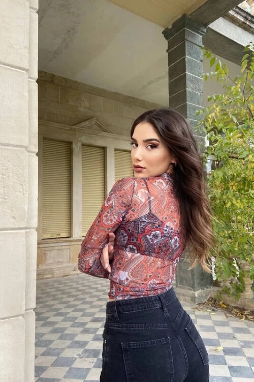Kadın Bordo Desenli Boğazlı Tül Bluz (ZCK0201)