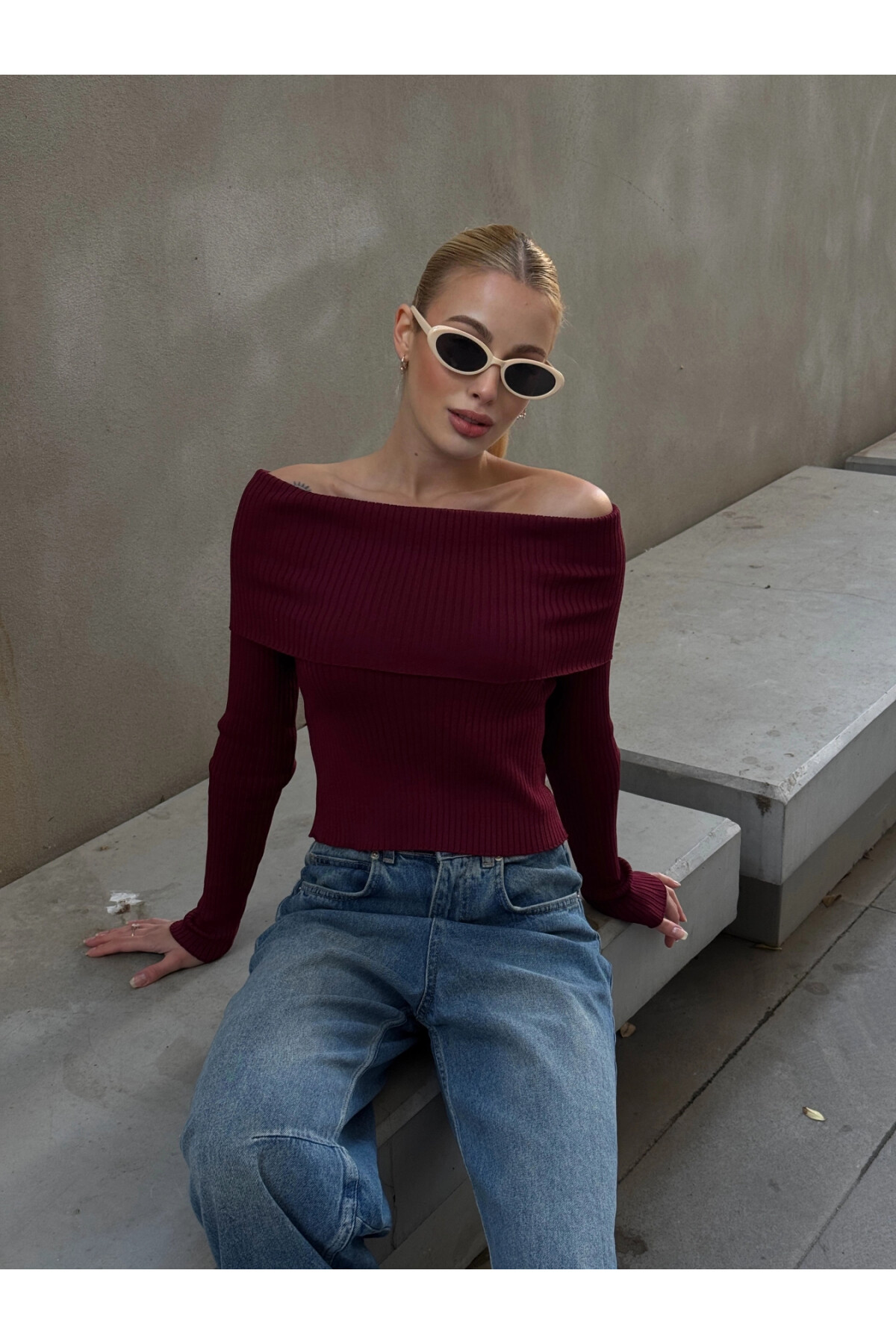 Kadın Bordo Katlamalı Madonna Yaka Triko (ZCKTY035)