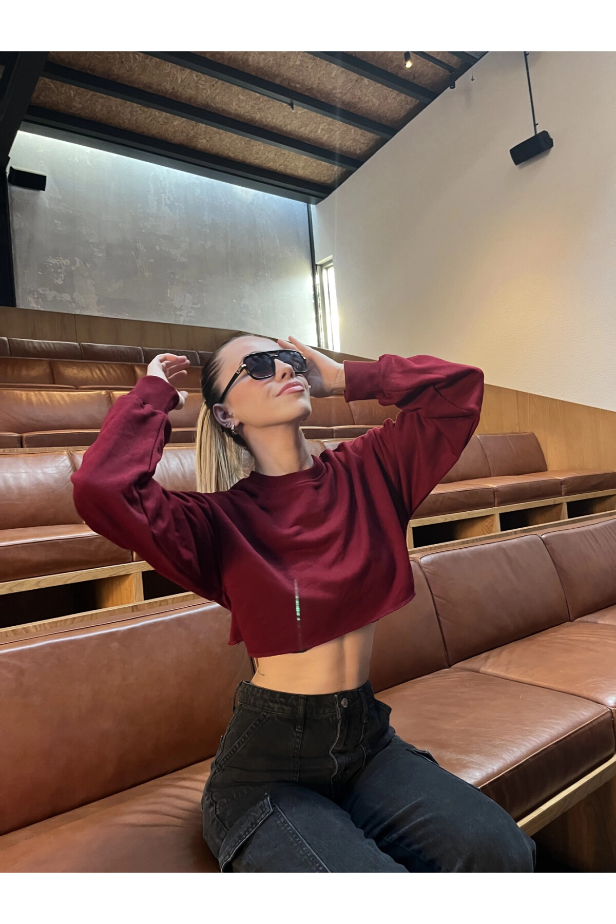 Kadın Bordo Kısa Crop Sweat (zck0323)