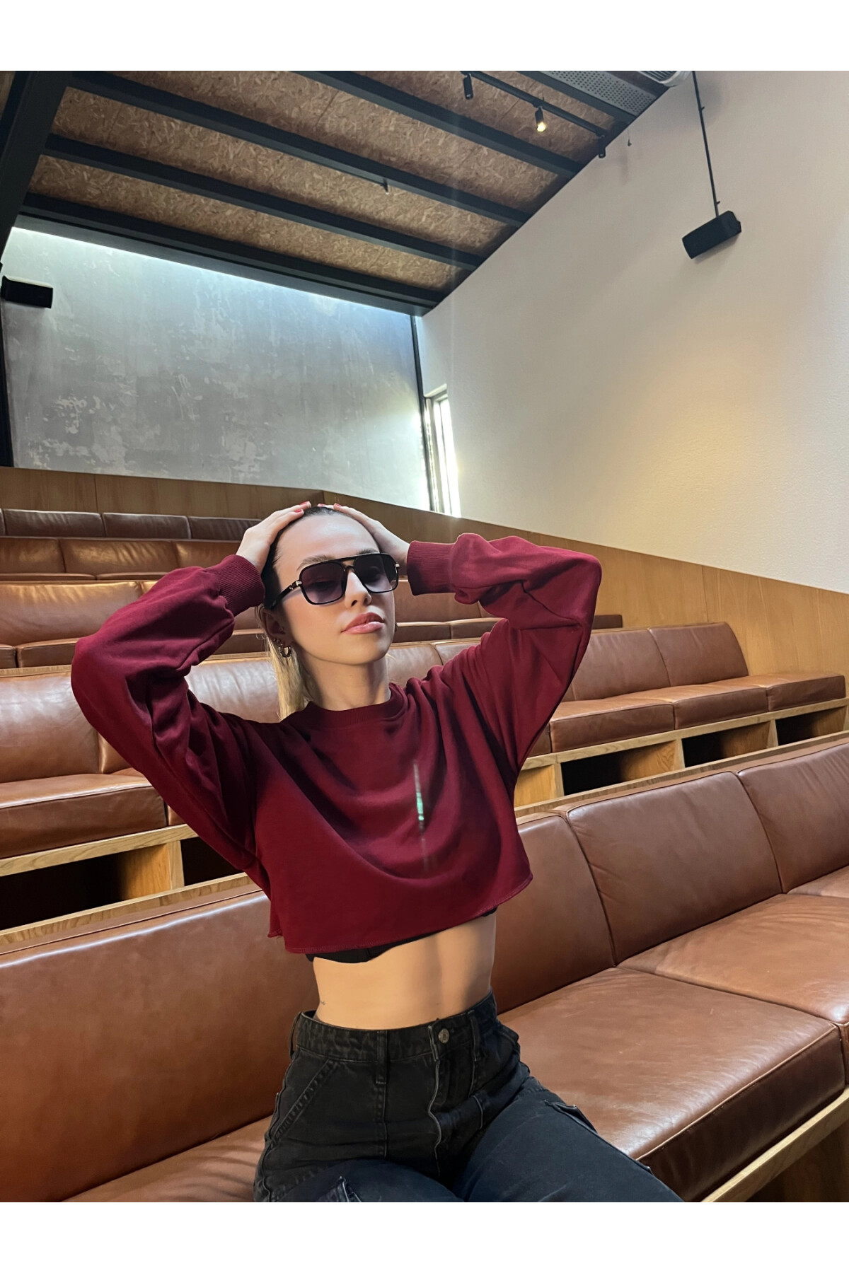 Kadın Bordo Kısa Crop Sweat (zck0323)