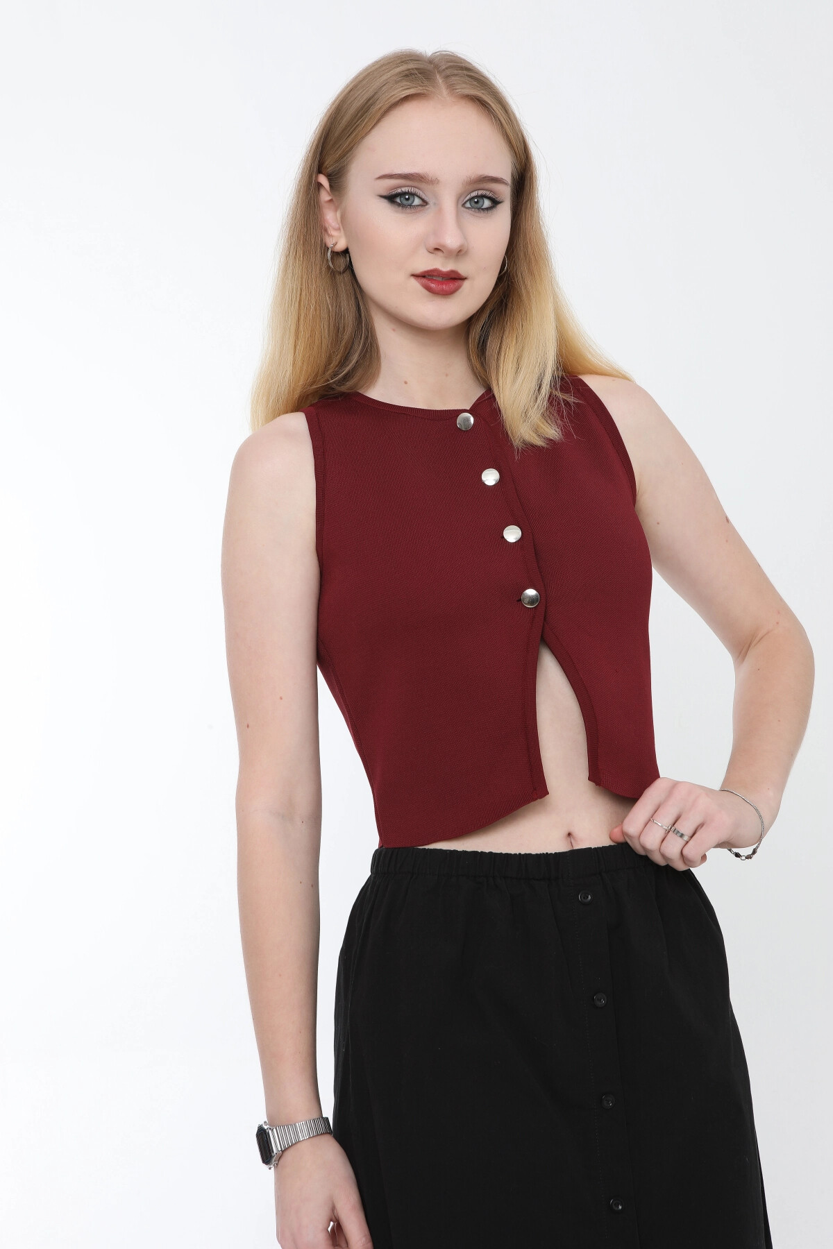 Kadın Bordo Metal Düğmeli Crop Yelek (ZCKTY036)