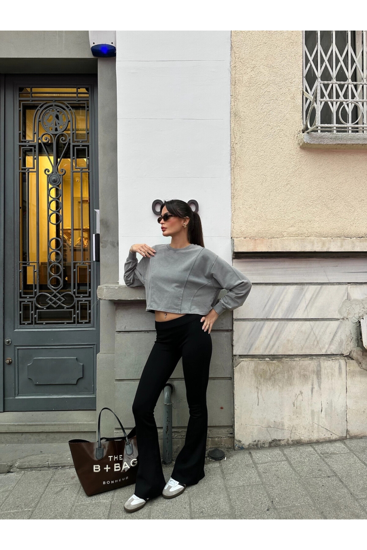 Kadın Gri model kumaş yıkamalı oversize sweat  (zck1798)