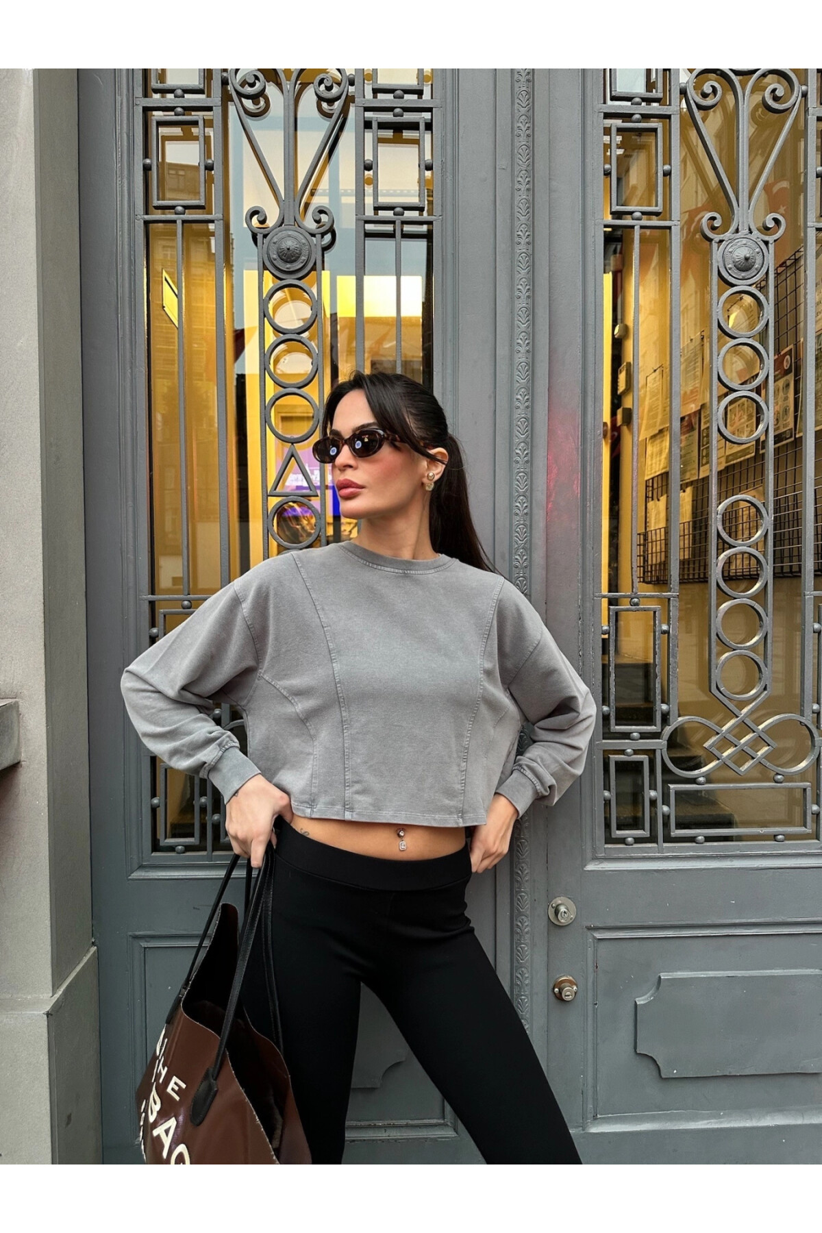 Kadın Gri model kumaş yıkamalı oversize sweat  (zck1798)