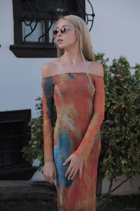 Kadın Kiremit Kayık Yaka Uzun Kollu Astarlı Tül Uzun Elbise (zck0750)