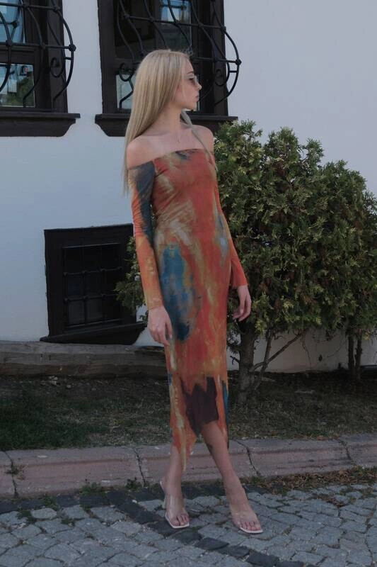 Kadın Kiremit Kayık Yaka Uzun Kollu Astarlı Tül Uzun Elbise (zck0750)