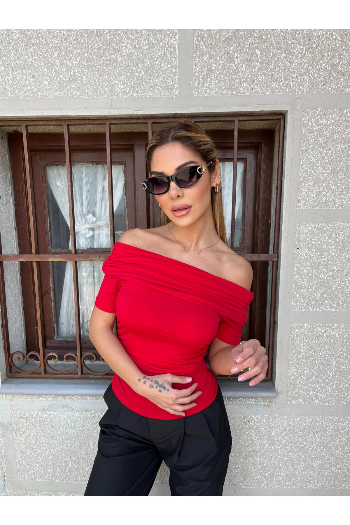 Kadın Kırmızı Kayık Yaka Kısa Kollu Bluz (zck0794)