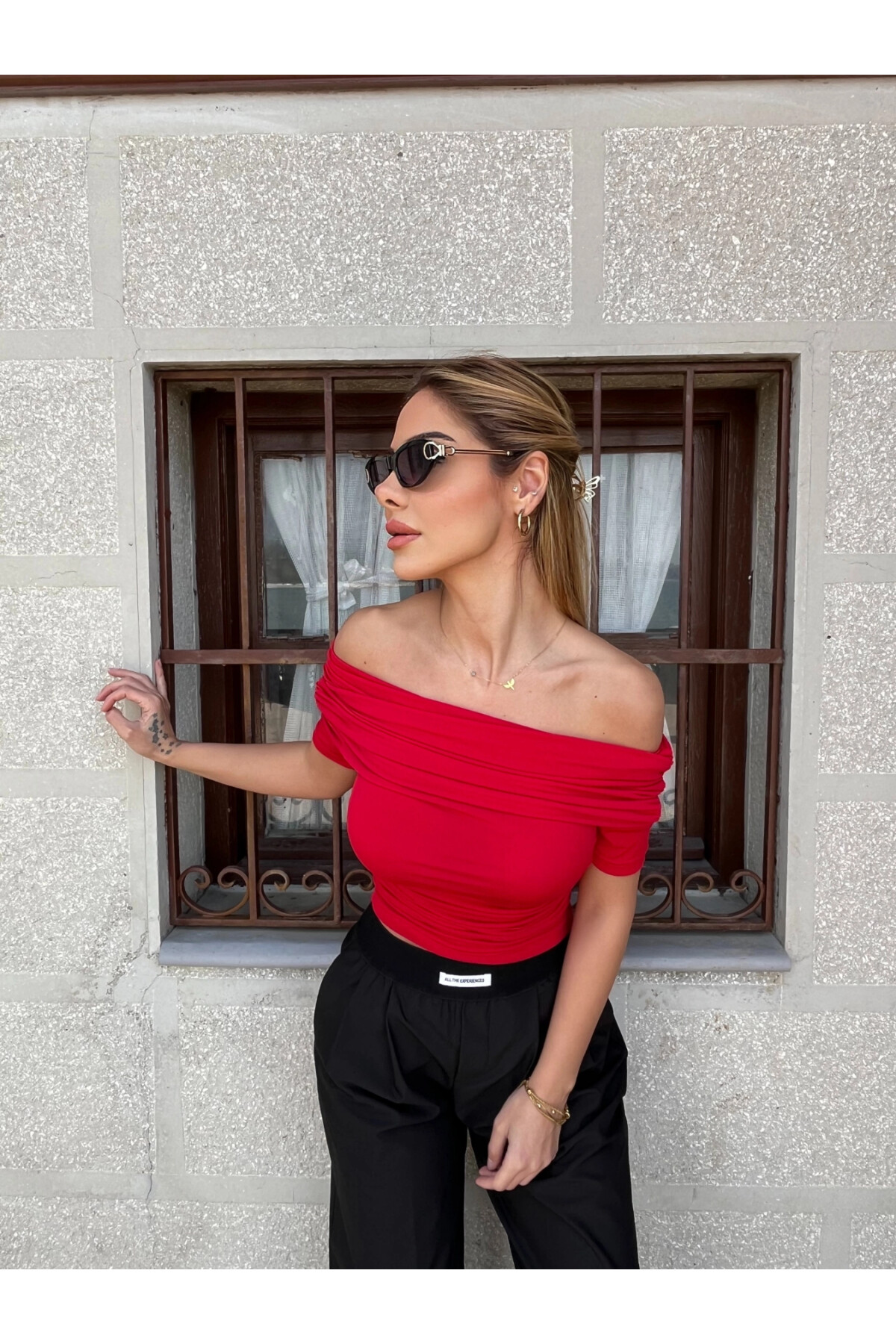 Kadın Kırmızı Kayık Yaka Kısa Kollu Bluz (zck0794)