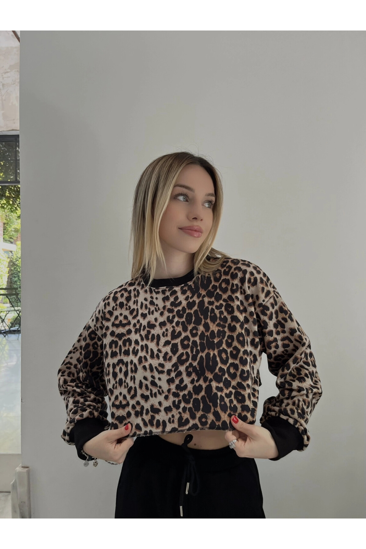 Kadın Leopar Kısa Crop Sweat (zck0323)