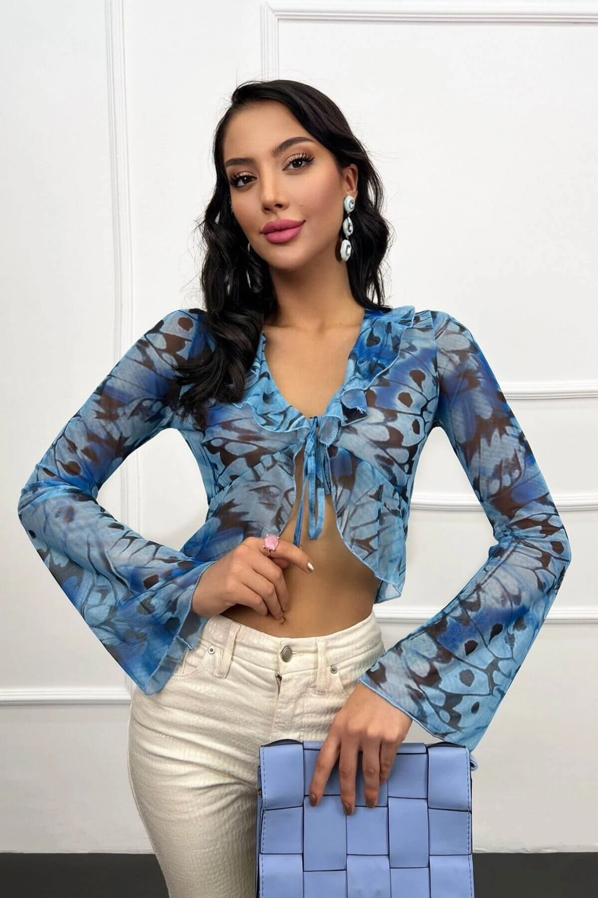 Kadın Mavi Fırfırlı Transparan Tül Bluz (zck0728)