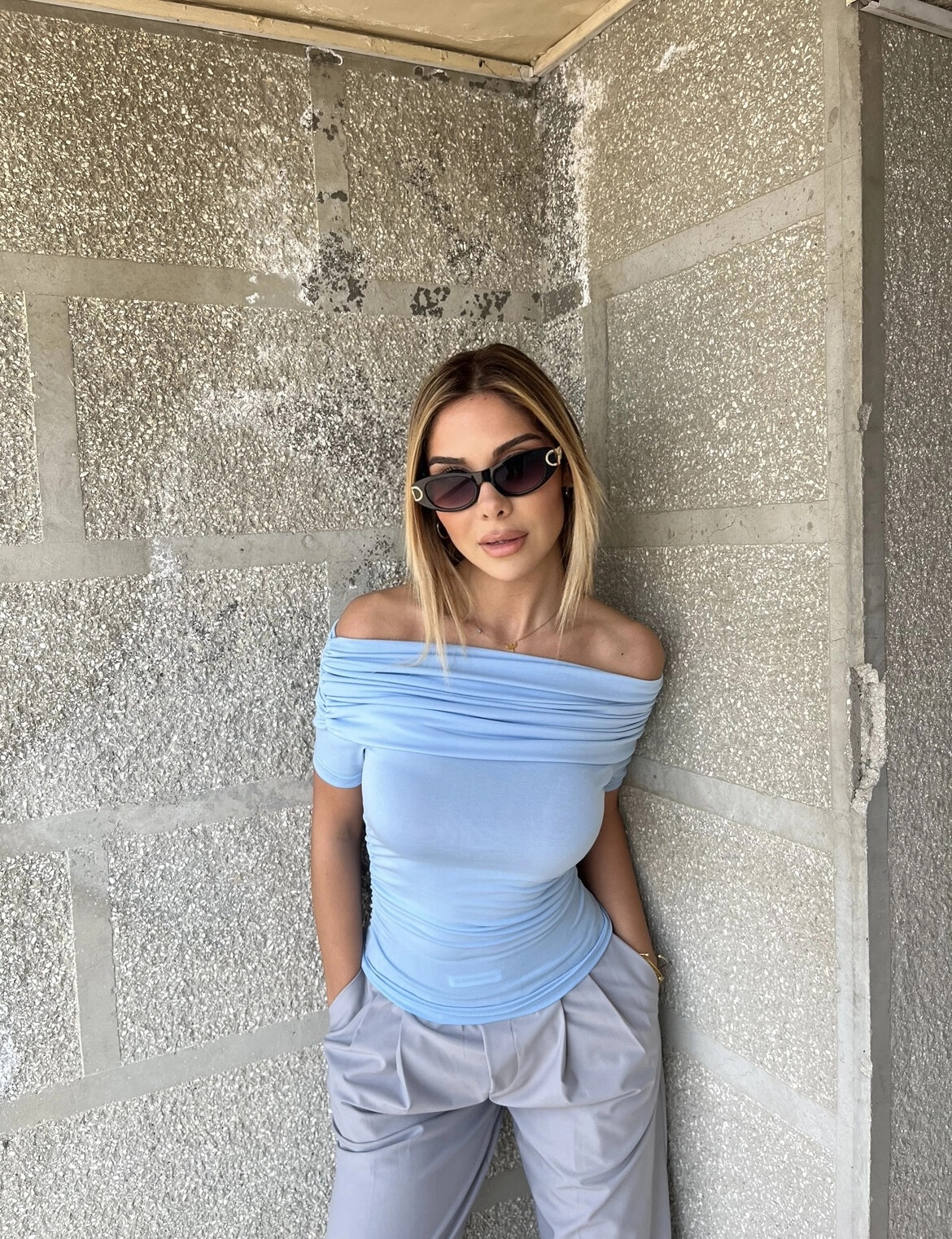 Kadın Mavi Kayık Yaka Kısa Kollu Bluz (zck0794)