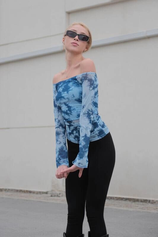 Kadın Mavi Kolları Tül Astarlı Bluz (zck0745)