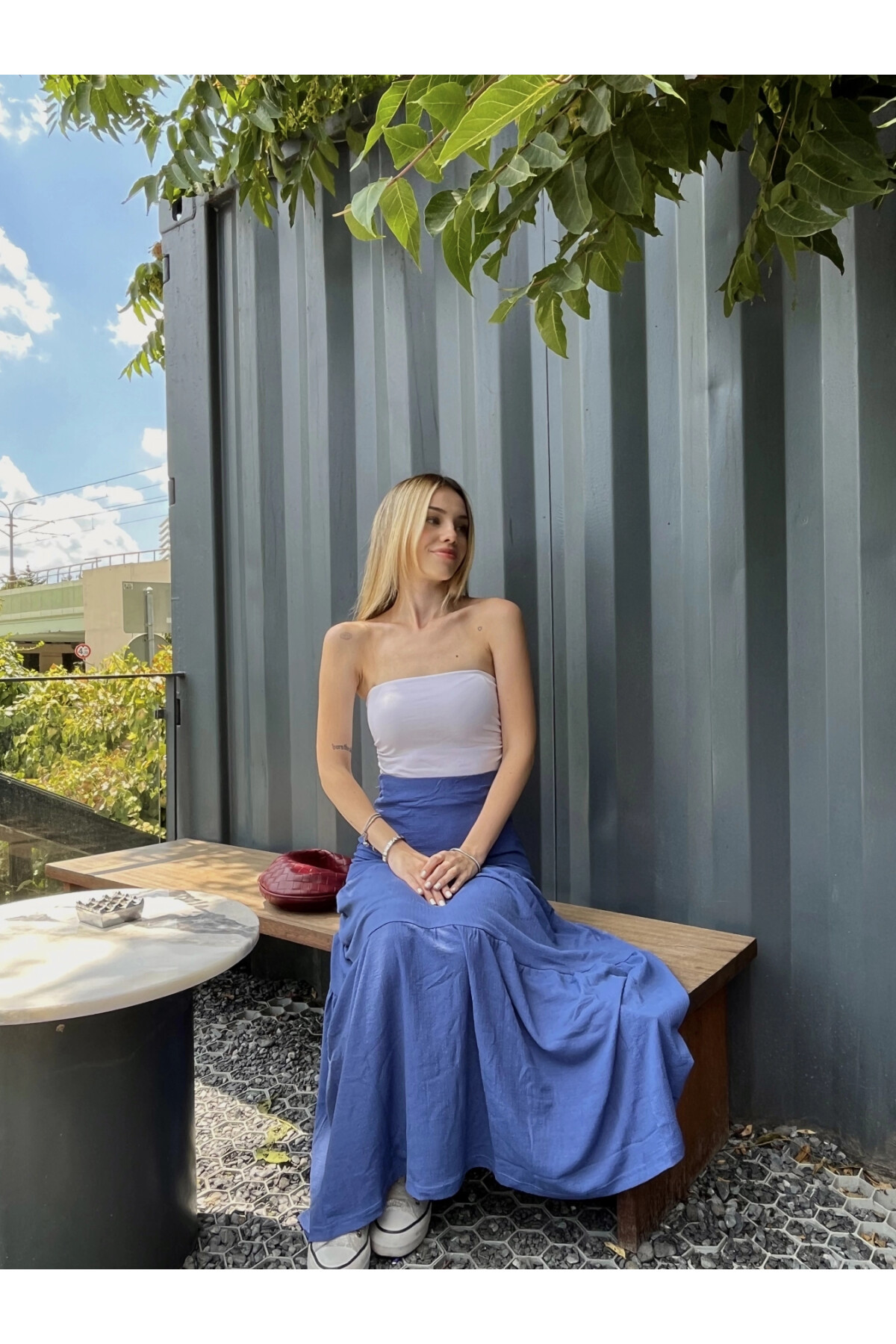 Kadın Mavi Yüksek Bel Volamlı Uzun Etek (ZCKTSA325)