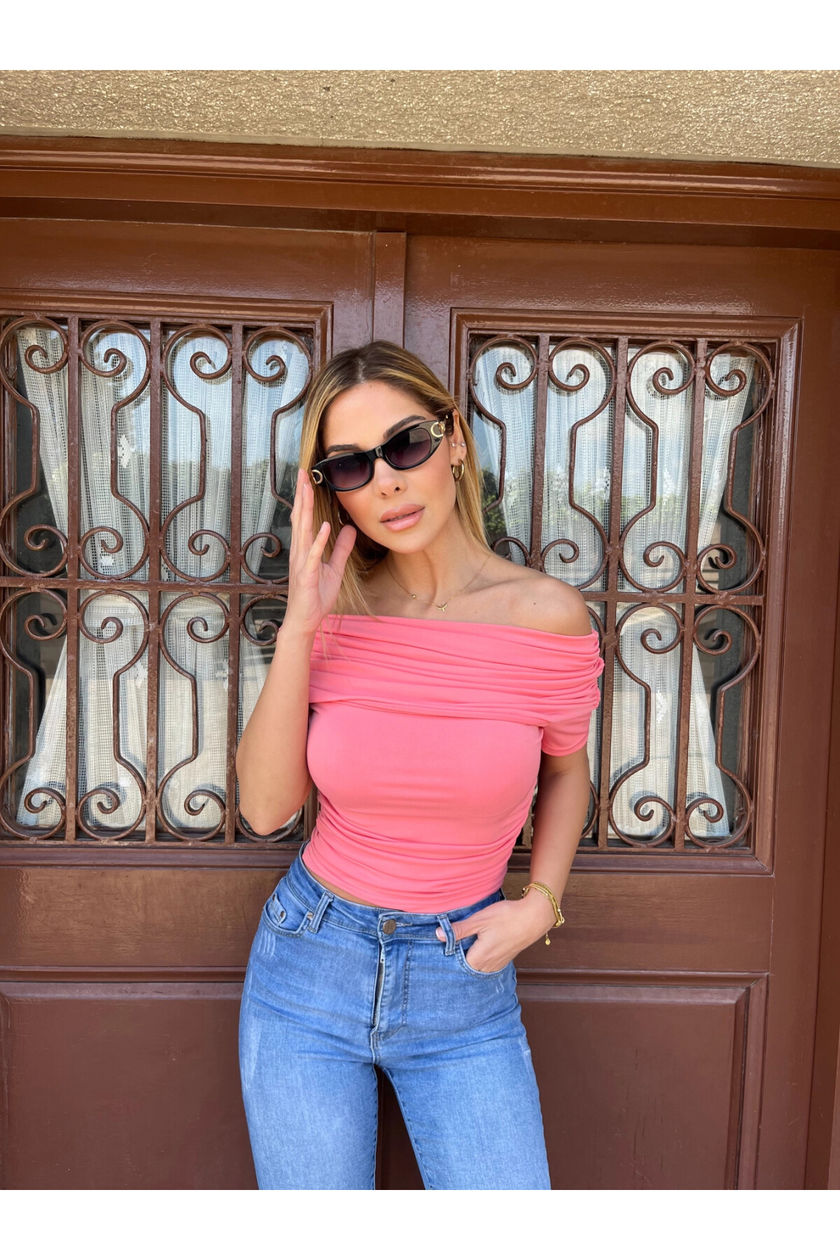 Kadın Pembe Kayık Yaka Kısa Kollu Bluz (zck0794)