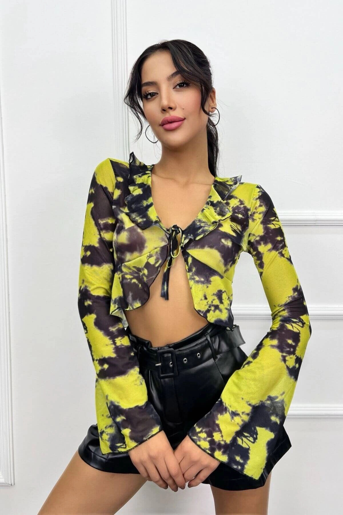 Kadın Sarı Fırfırlı Transparan Tül Bluz (zck0728)