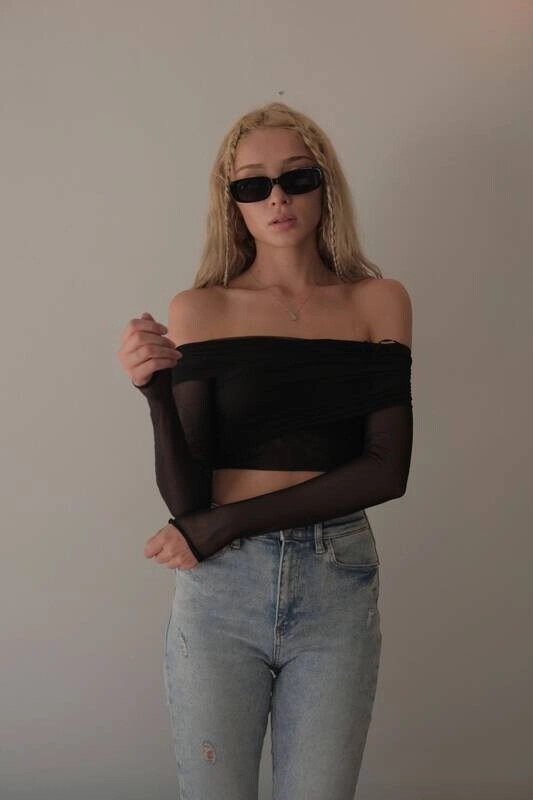Kadın Siyah Kolları Tül Göğüs Detaylı Bluz (zck0739)