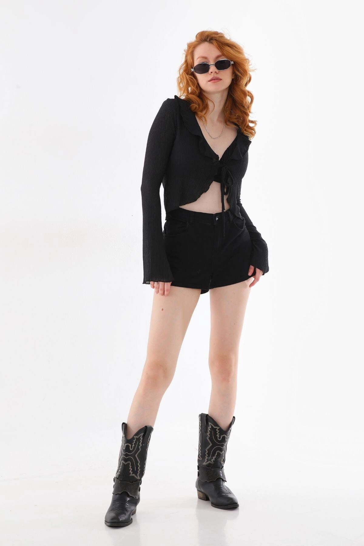 Kadın Siyah Önü Bağlamalı Uzun Kollu Bluz (zck0756)