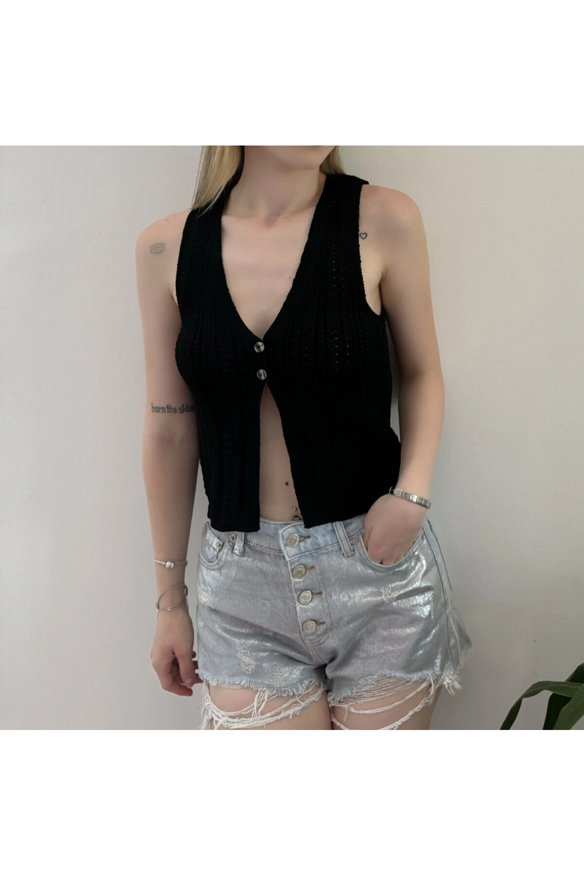 Kadın Siyah Örgü Crop Yelek (ZCKTY025)