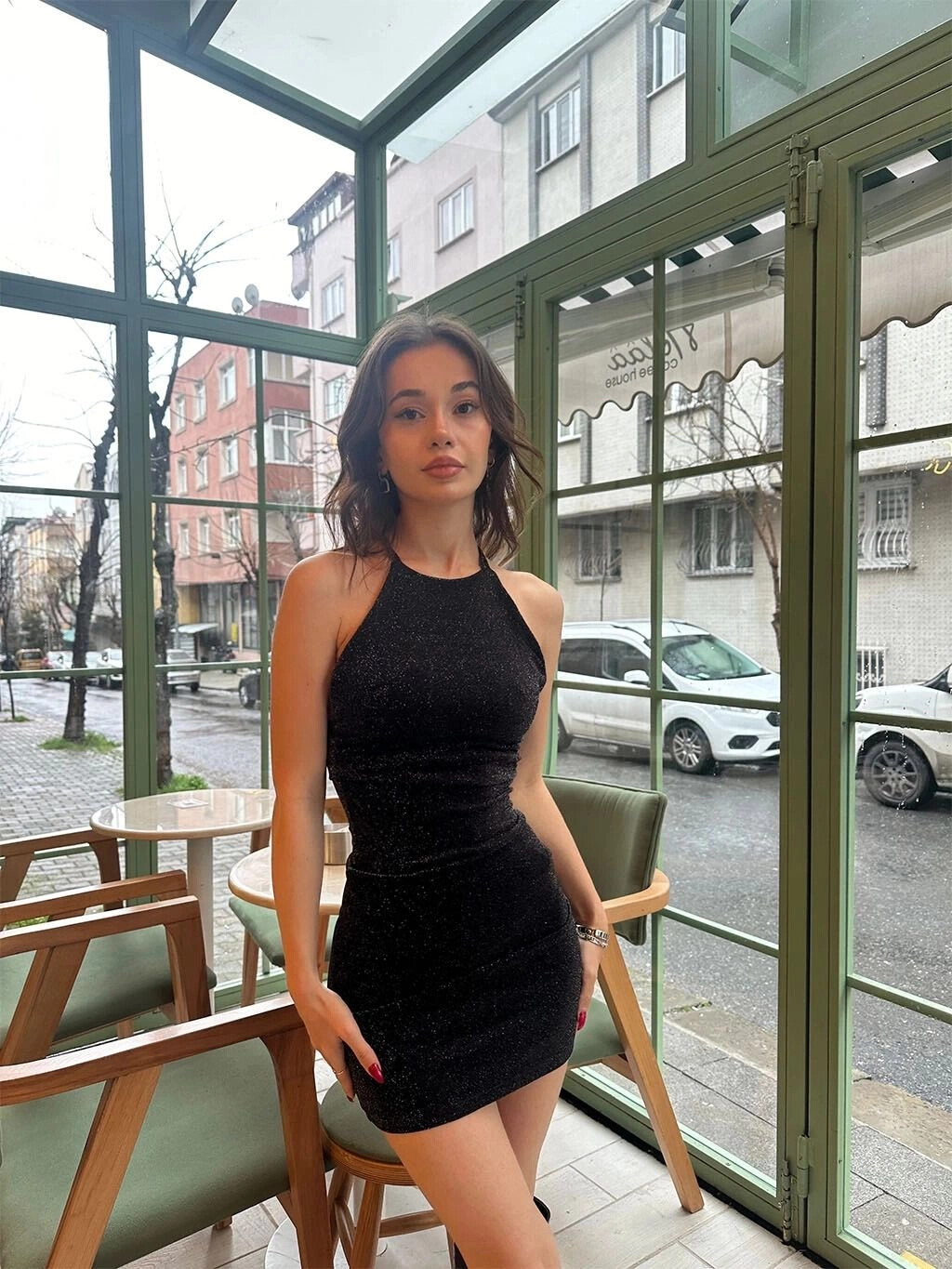 Kadın Siyah Parlak Halter Yaka Yılbaşına Özel Elbise (zck0779)
