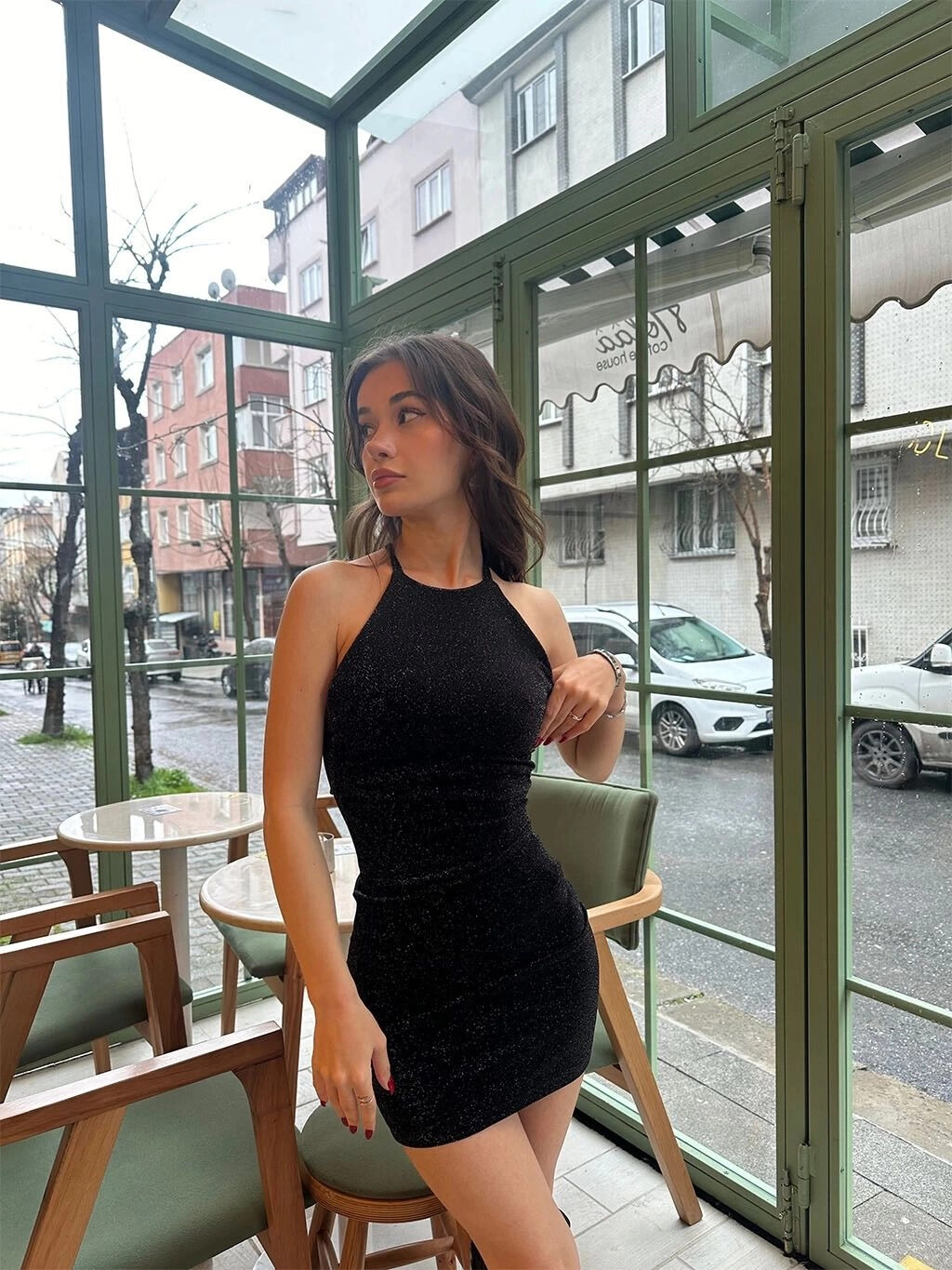 Kadın Siyah Parlak Halter Yaka Yılbaşına Özel Elbise (zck0779)
