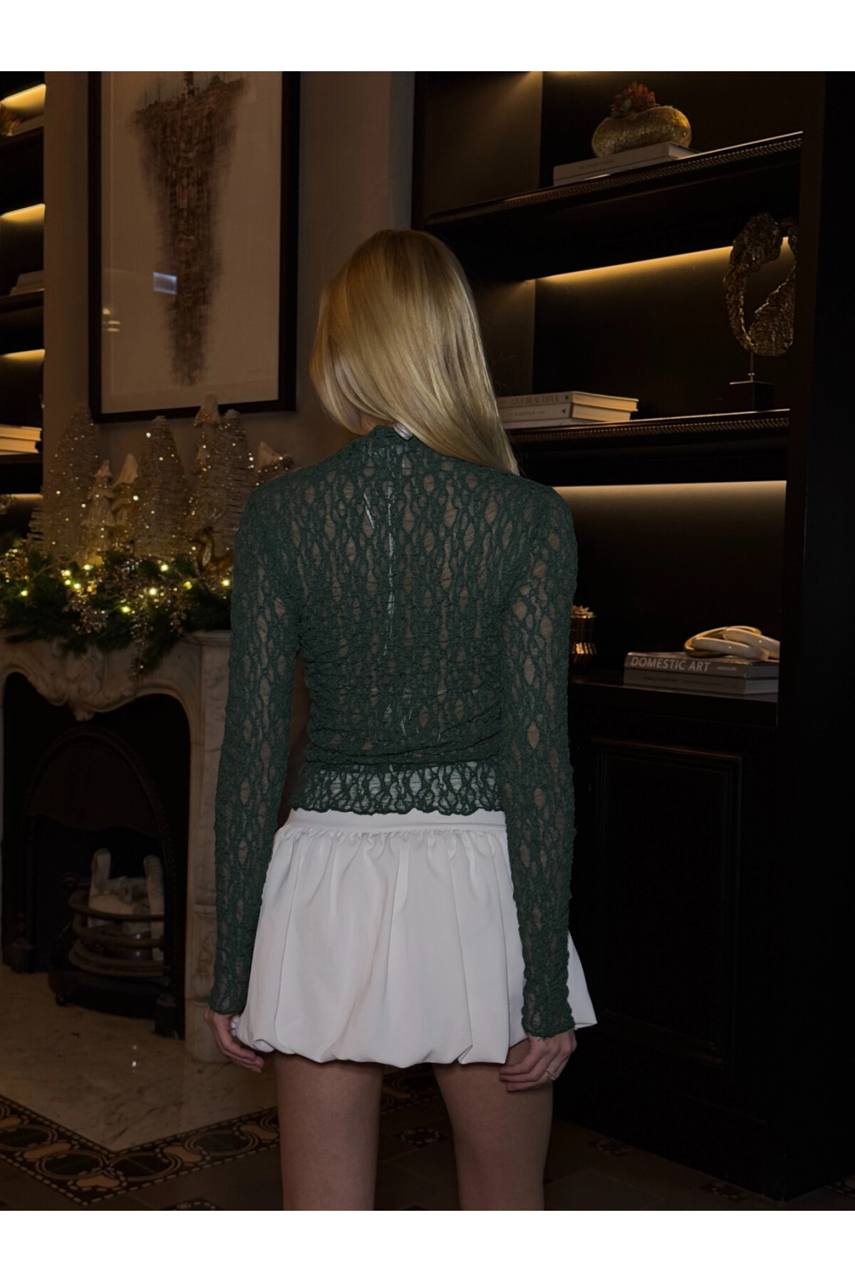 Kadın Yeşil Balıkçı Yaka Bürümcük Yılbaşına Özel Dantel Bluz (ZCKSA342)