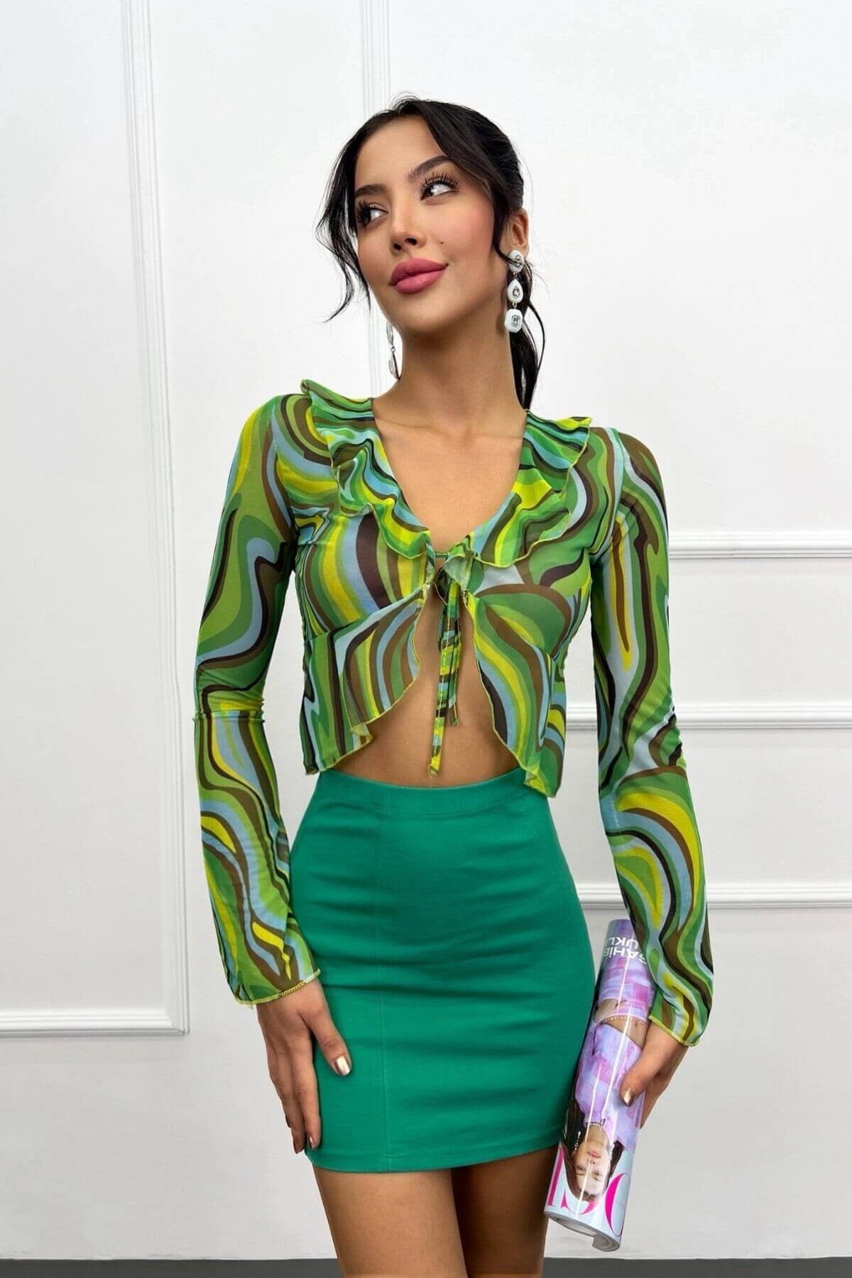 Kadın Yeşil Fırfırlı Transparan Tül Bluz (zck0728)