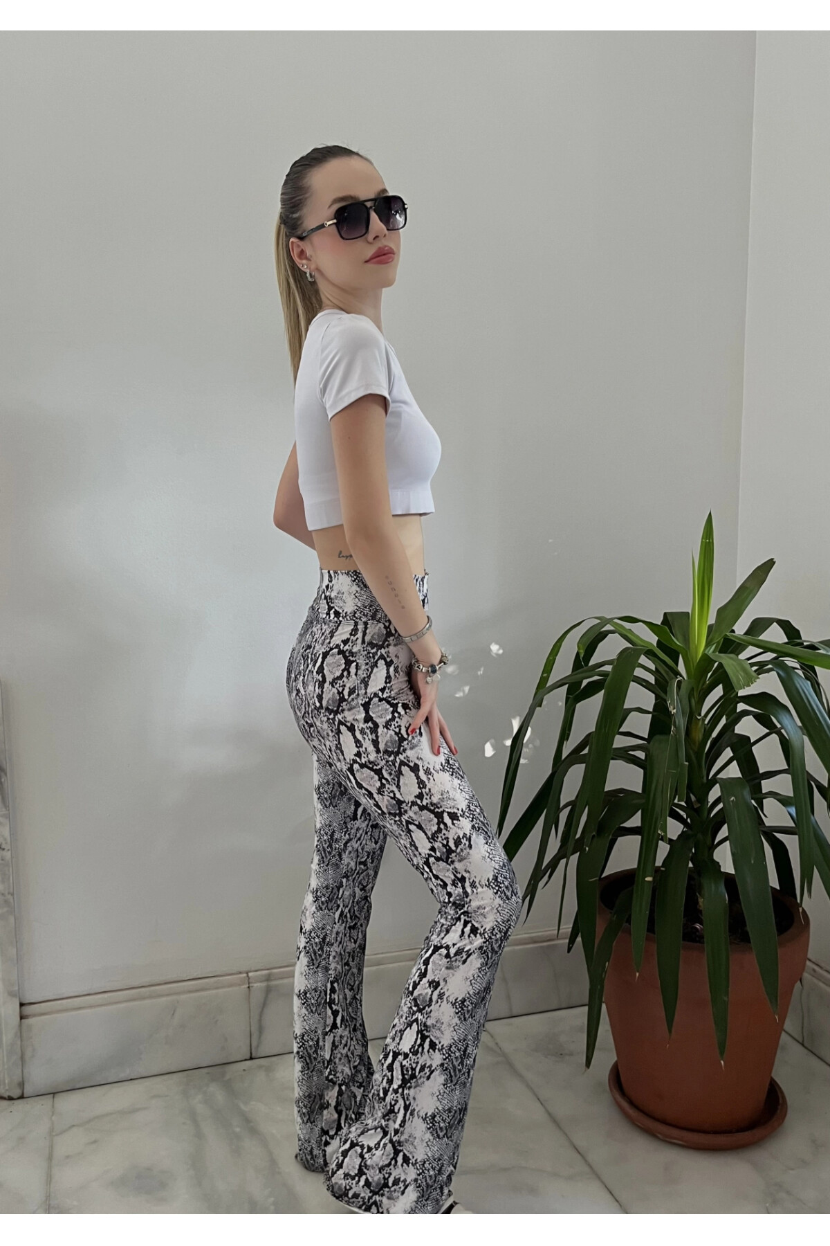 Kadın Yılan Desenli İspanyol Paça Tayt (zckss140)