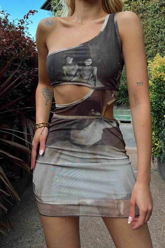 Kadın Art Series Desenli Asimetrik Askılı Mini Yılbaşına Özel  Elbise (zck0687)