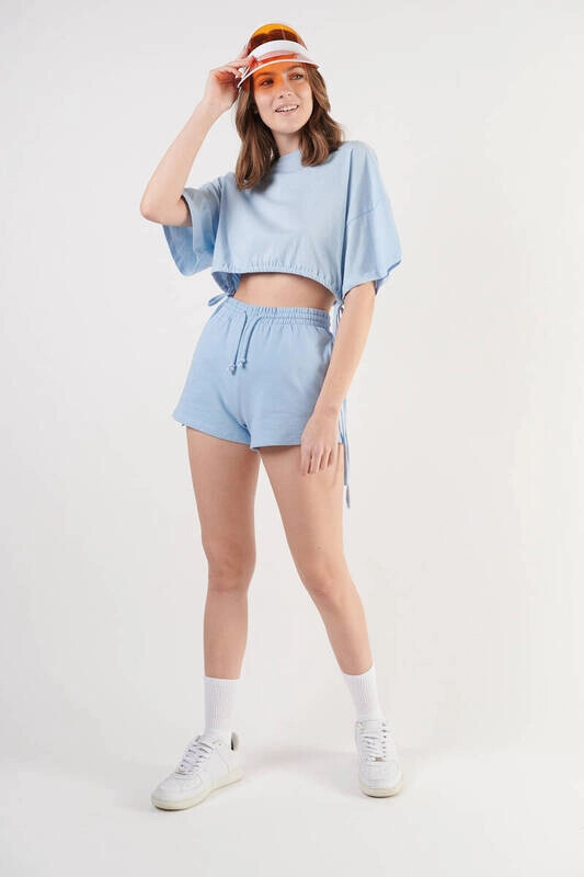 Kadın Bebe Mavisi Belden Bağlamalı Düşük Kollu Yuvarlak Yaka Bluz (ZCK0284)