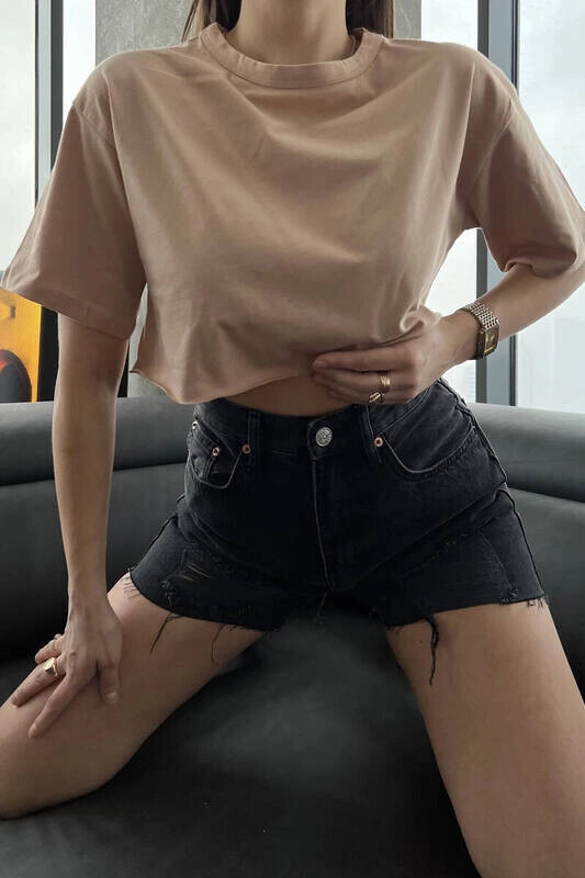 Kadın Bej Kısa Basic Tişört (zck0451)