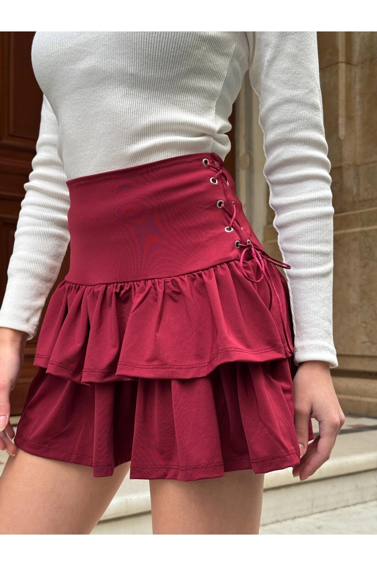 Kadın Bordo Kuş Gözlü Fır fır Detaylı Etek (ZCKSS139)
