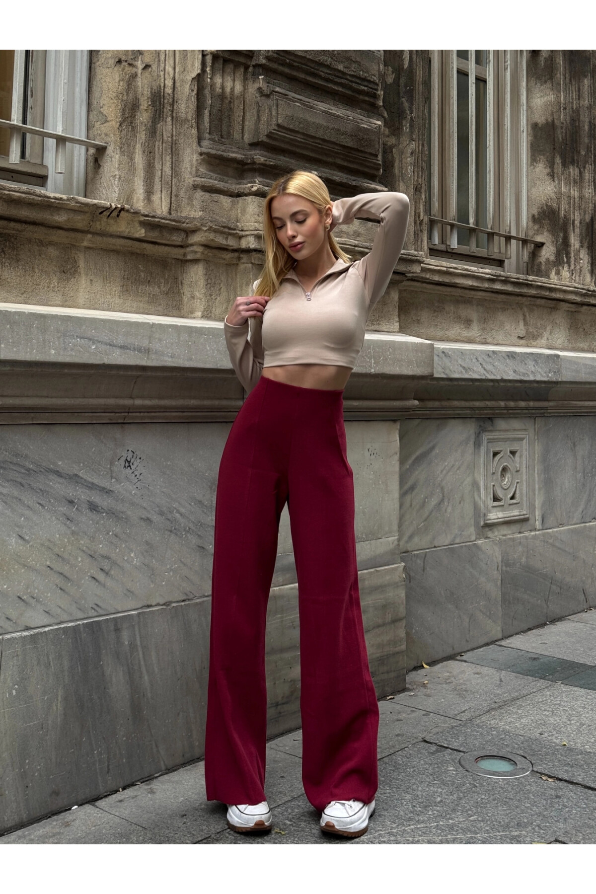 Kadın Bordo Ön Dikişli Selanik Pantolon (ZCKTSS159)