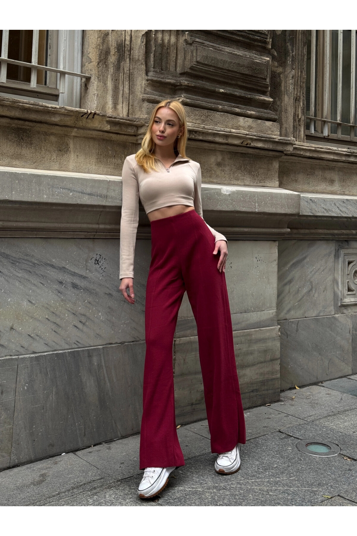 Kadın Bordo Ön Dikişli Selanik Pantolon (ZCKTSS159)