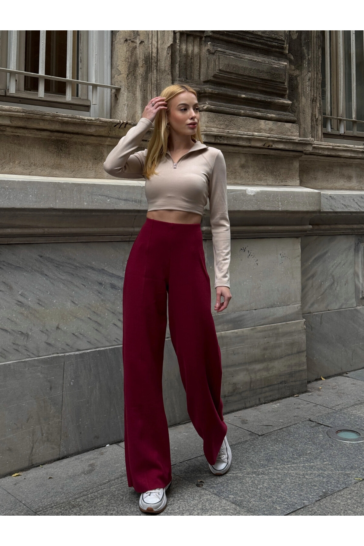 Kadın Bordo Ön Dikişli Selanik Pantolon (ZCKTSS159)