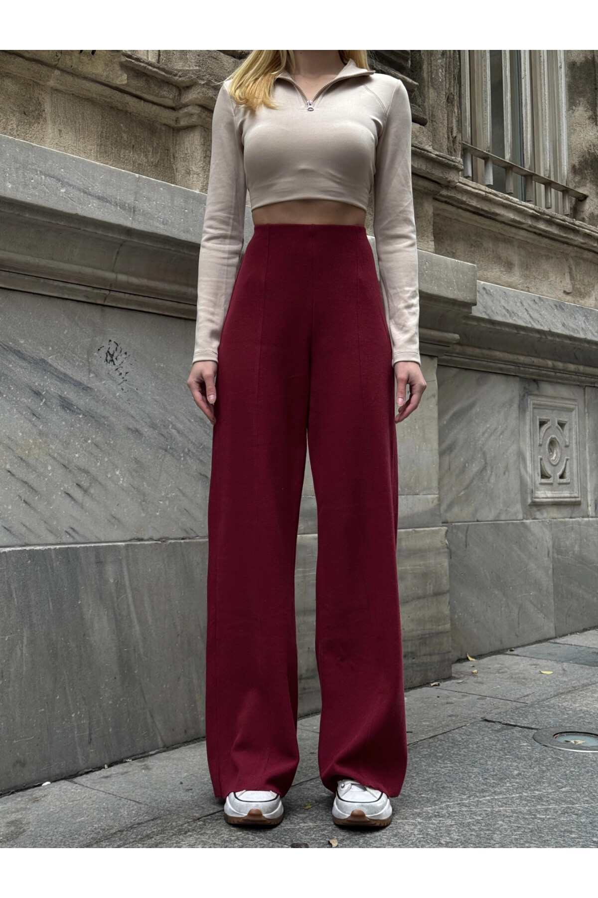 Kadın Bordo Ön Dikişli Selanik Pantolon (ZCKTSS159)