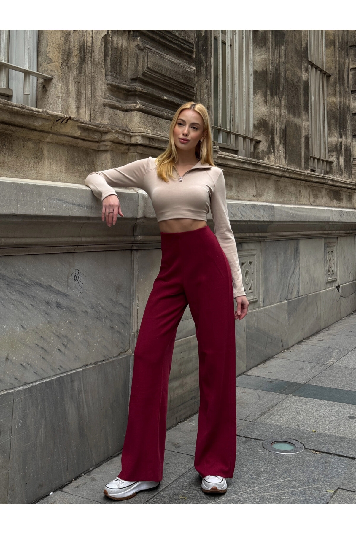 Kadın Bordo Ön Dikişli Selanik Pantolon (ZCKTSS159)