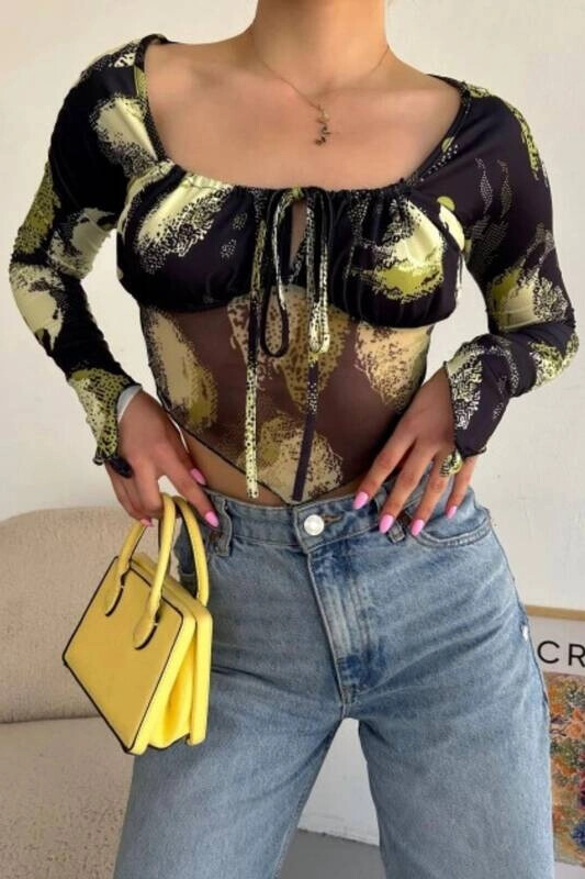 Kadın Çok Renkli Asimetrik Kesim Crop Tül Bluz (zck0569)