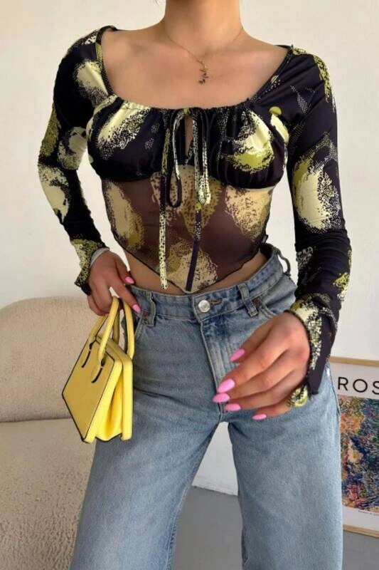 Kadın Çok Renkli Asimetrik Kesim Crop Tül Bluz (zck0569)