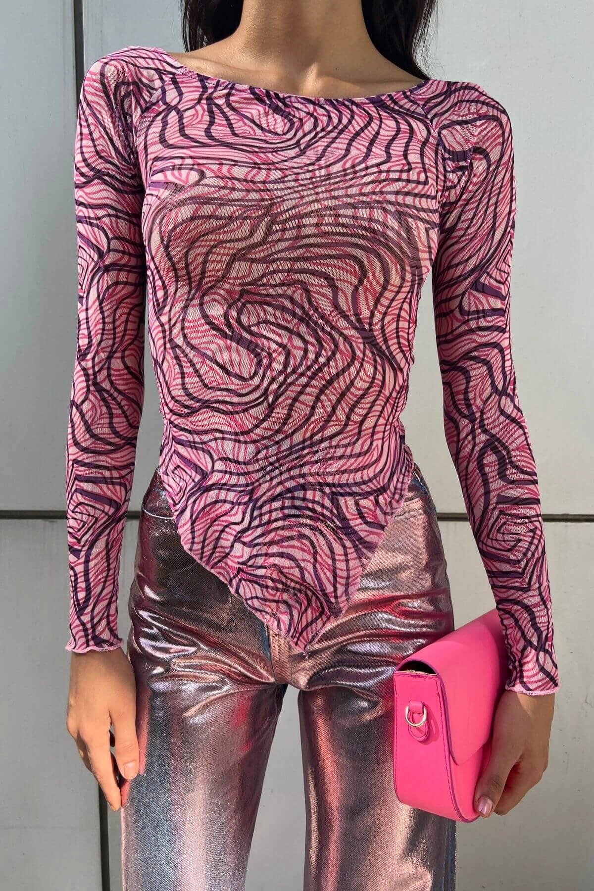 Kadın Çok Renkli Baskılı Uzun Kollu Asimetrik Kesim Transparan Tül Bluz (zck0705)