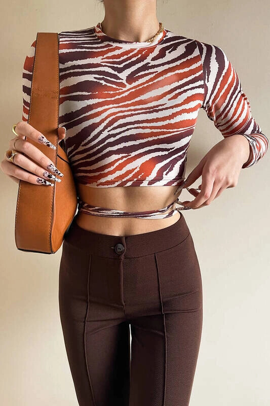 Kadın Çok Renkli Bel Bağlama Detaylı Uzun Kol Crop Bluz (zck0376)