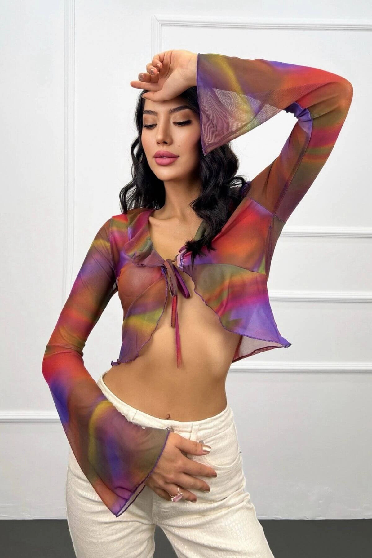 Kadın Çok Renkli Fırfırlı Transparan Tül Bluz (zck0728)