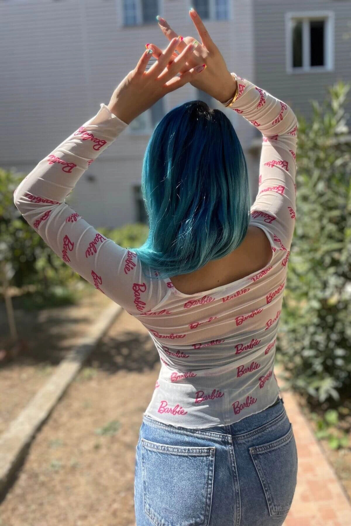Kadın Ekru Barbie Baskılı Uzun Kollu Asimetrik Kesim Transparan Tül Bluz (zck0705)
