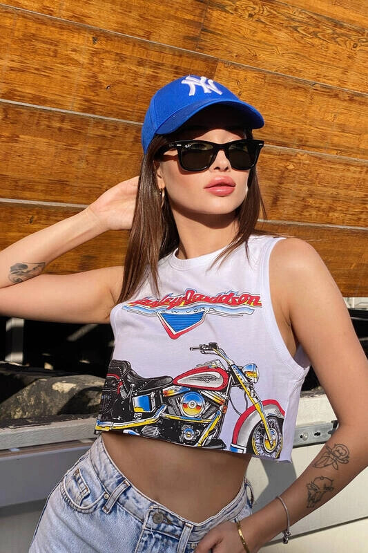 Kadın Ekru Baskılı Kolsuz Kısa Crop Tişört (zck0497)