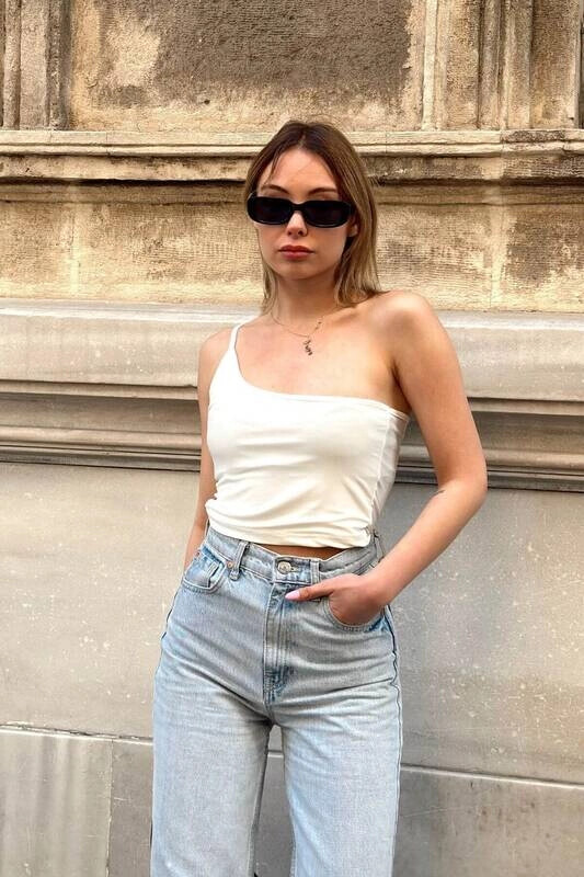 Kadın Ekru İp Askılı Tek Omuz Sandy Crop (zck0670)