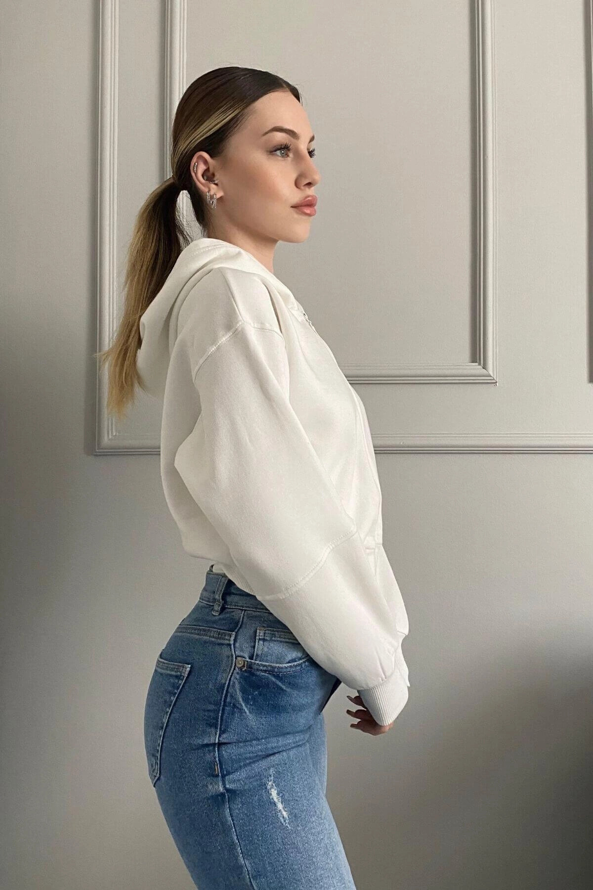 Kadın Ekru Pamuk Şardonlu Fermuarlı Sweatshirt (zck0717)