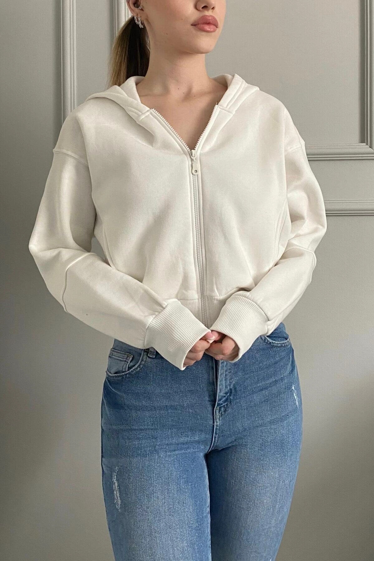Kadın Ekru Pamuk Şardonlu Fermuarlı Sweatshirt (zck0717)