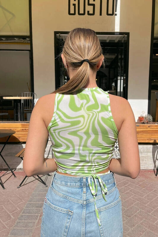 Kadın Fıstık Yeşili Desenli Bel Dolamalı Bluz (zck0475)