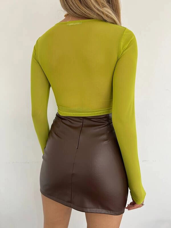 Kadın Fıstık Yeşili Önden Bağlama Detaylı Yarı Tül Bluz (zck0602)